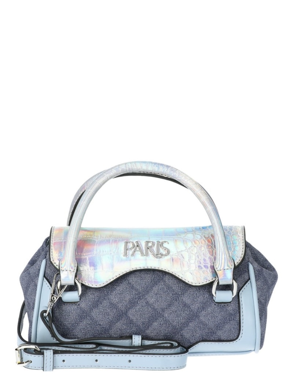 Aris Iridescent Holographic Flap Top-Handle Satchel in Light Blue and Denim